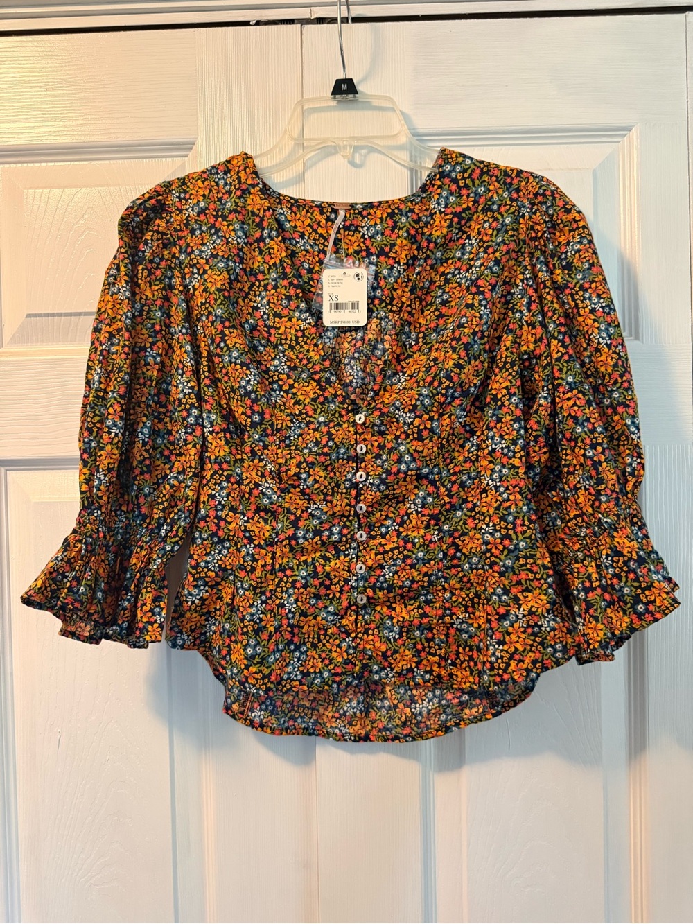 Free People Black Floral Button-Front Peplum Top with Orange & Blue Flowers